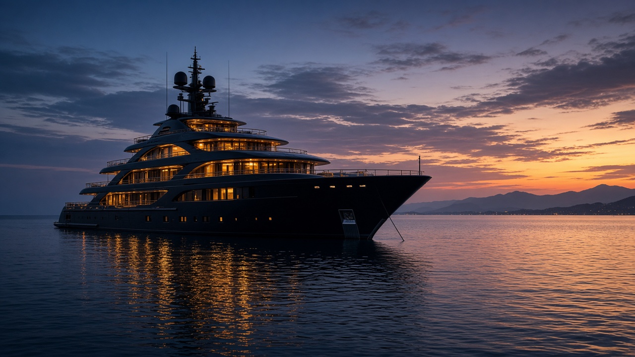 Grand yacht au mouillage, à la tombée du jour
