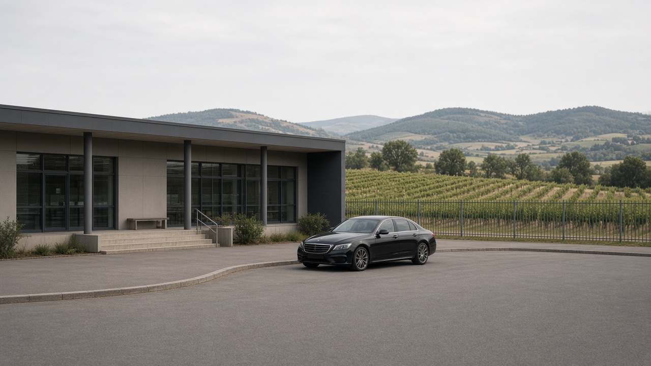 Petit aéroport rural, collines et vignes