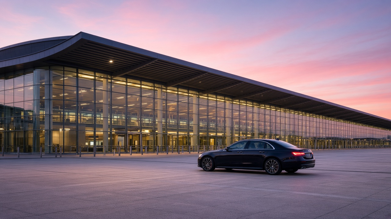 Terminal moderne au soleil rose