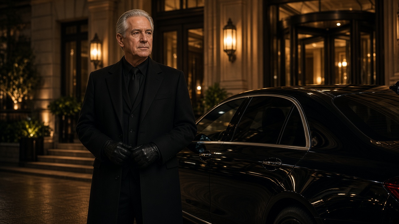 Chauffeur de nuit près d'une berline