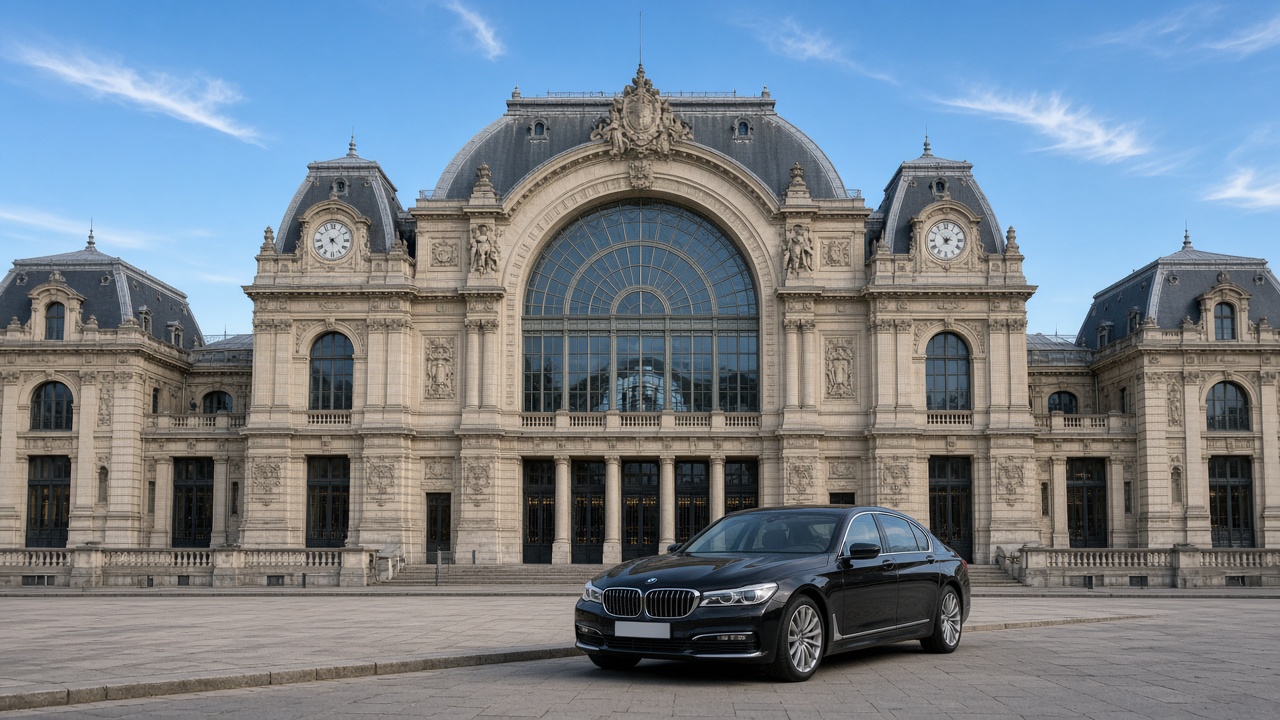 Façade de la Gare de l'Est, berline noire